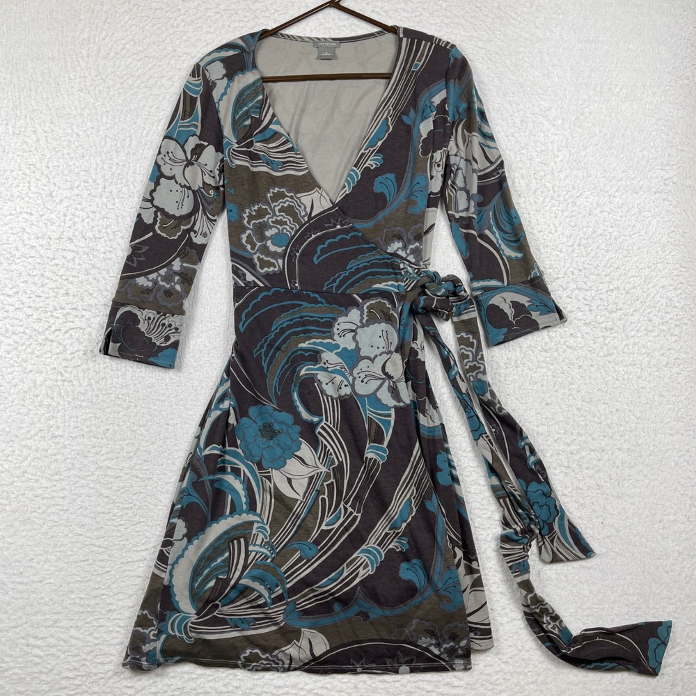 Ann Taylor Wrap Dress Womens 0‎ Floral Print Brown Blue Boho Vacation Versitile
